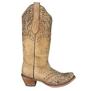 Corral Women’s Tan Hone Fango Nubuck Studded Cowgirl Boots Size US 6.5